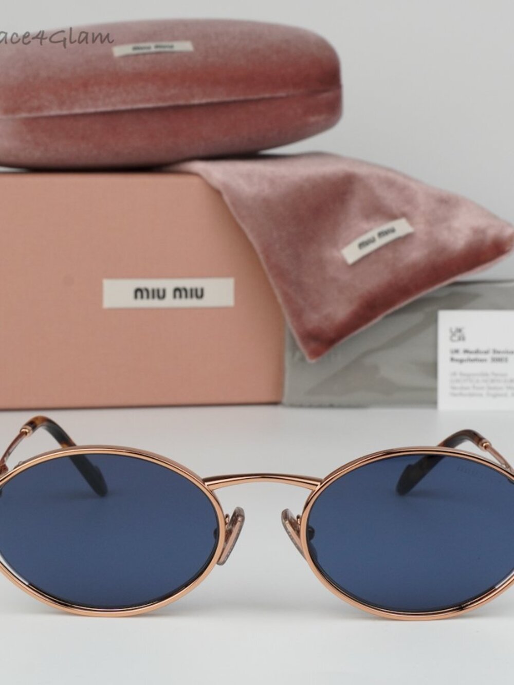 Miu Miu Men Sunglasses Pale Gold Dark Blue Oval MU52YS ZVF1V1 BRAND NEW